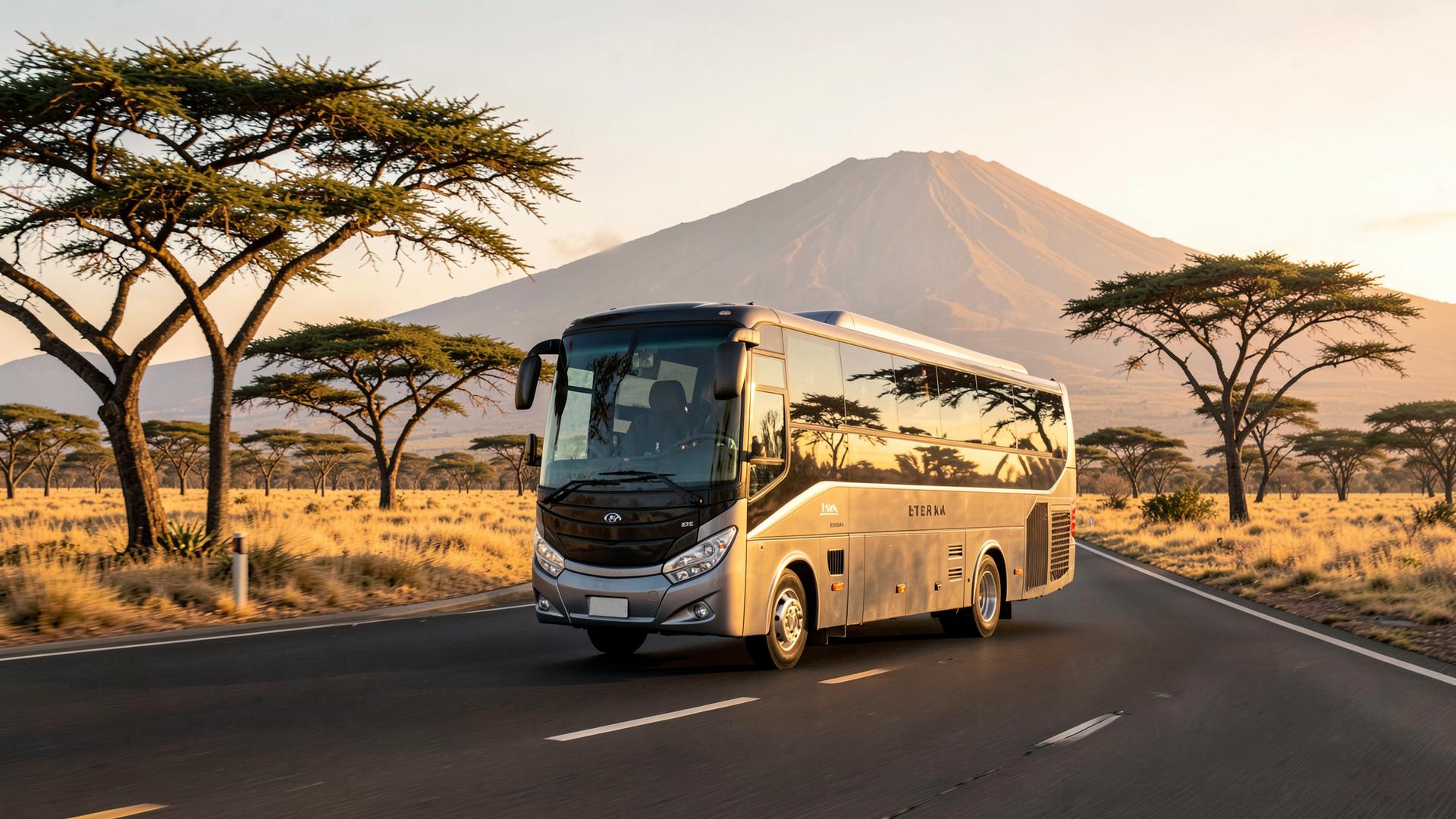 TanLux luxury coach on a Tanzanian highway at sunrise
